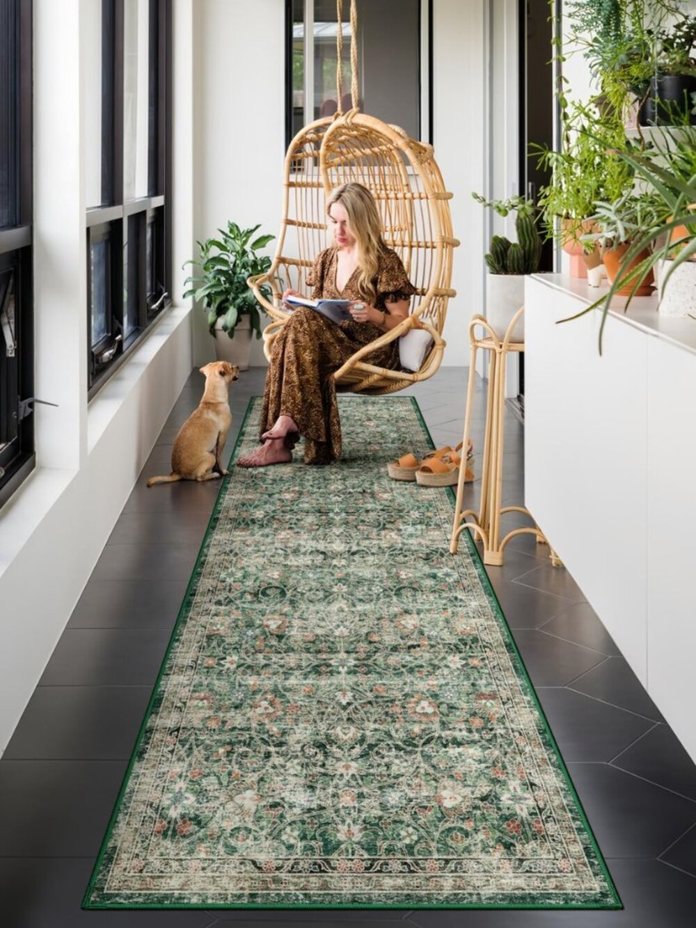 Washable 2x6 Runner Rug, Vintage Floral Green Non-Slip for Hallway, Kitchen